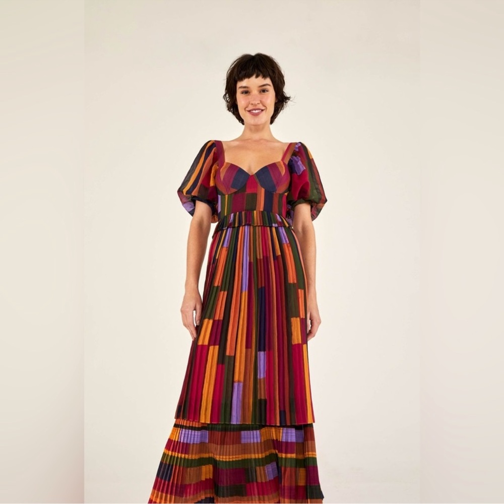 Farm Rio Painted Stripes Pleated Dress L
